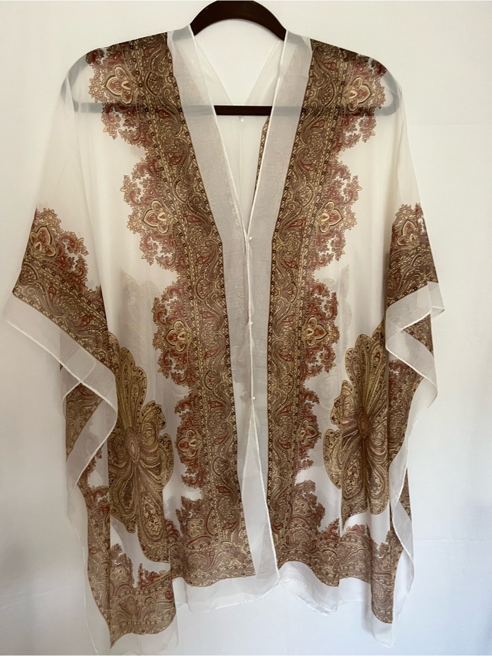 Elegant Sheer Paisley Kimono Cardigan Cover-Up with Pearl Accents